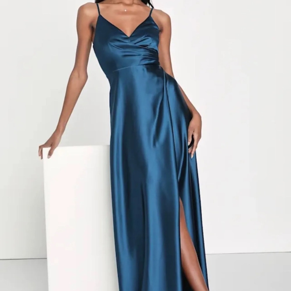 Lulus Shades of Love Teal Blue Satin Faux Wrap Maxi Dress NWOT size M